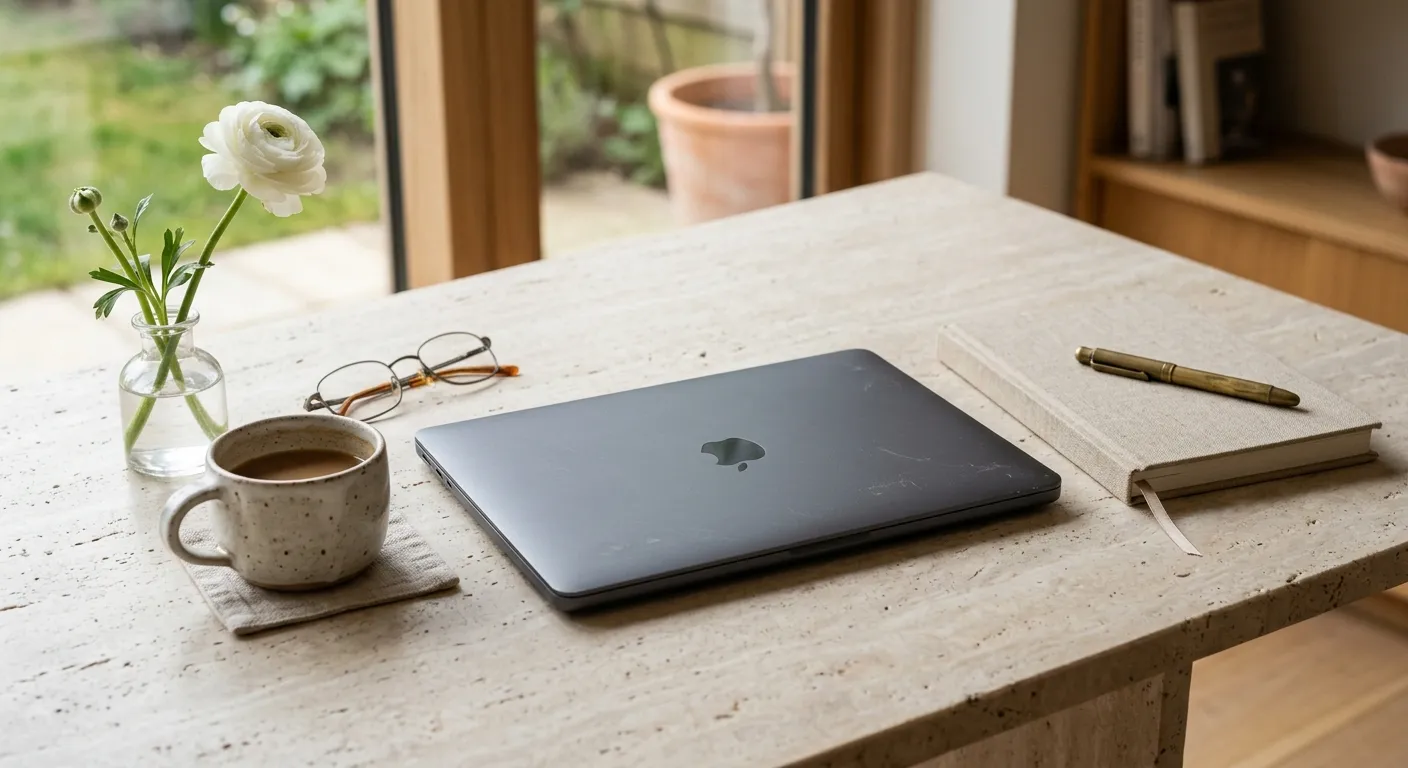 A closed laptop on a pale stone desk beside a coffee cup, reading glasses and a single white ranunculus